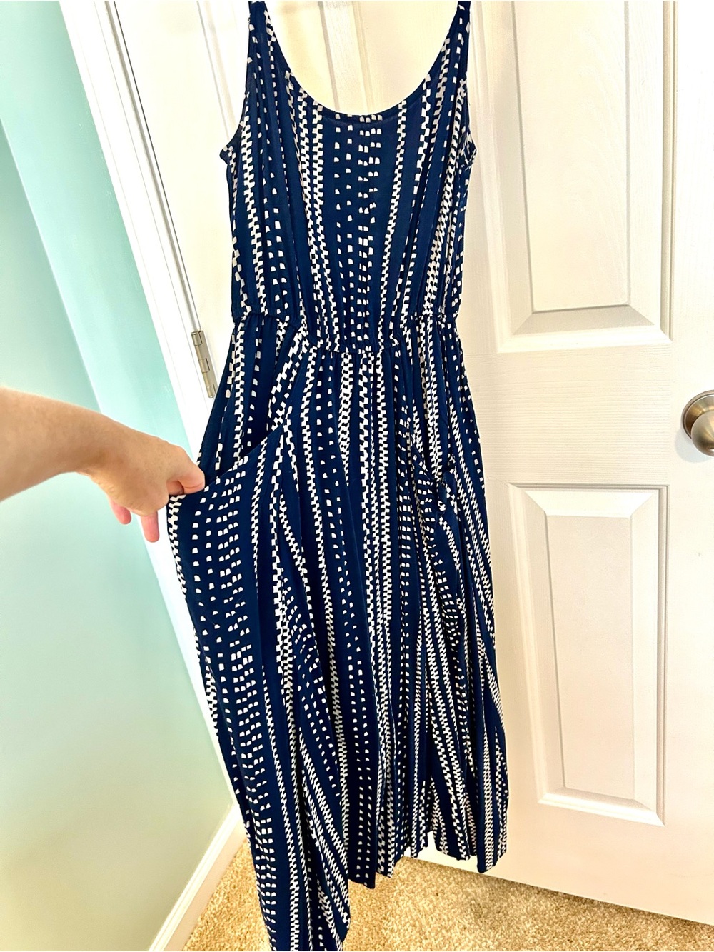CAbi Navy and White Printed Sleeveless Maxi Dress w/adjustable straps